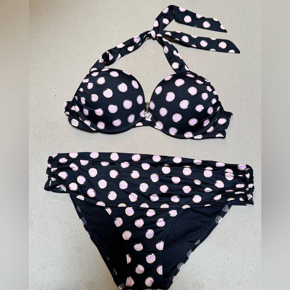 Victoria's Secret Black and Pink Polka Dot Bikini Set